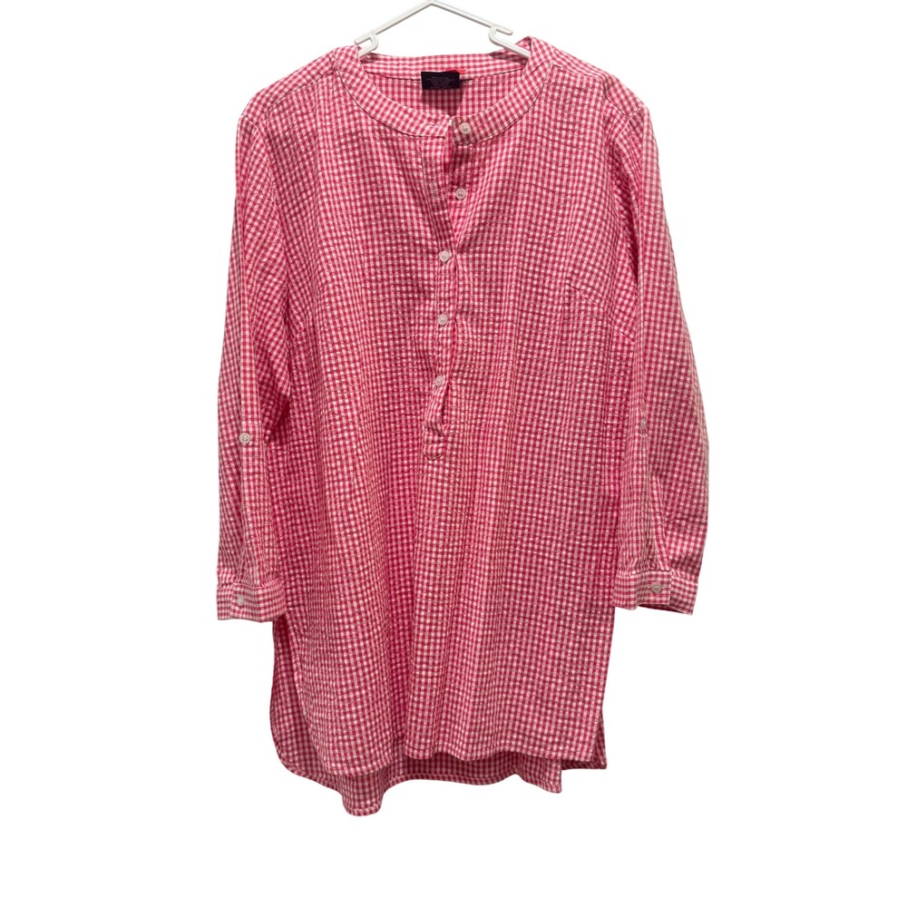 Madison Mathews Gingham Tunic Coverup Women L Pins Cotton Roll Tab Band Collar